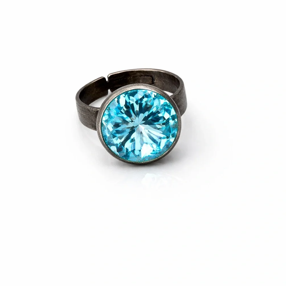 Handmade Swarovski Crystal Statement Ring Blue Rivoli Artisan Jewelry Adjustable